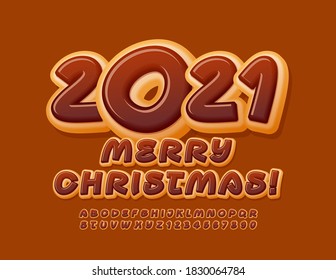 Vector sweet greeting card Merry Christmas 2021! Chocolate dessert Font. Tasty Donut Alphabet Letters and Numbers set