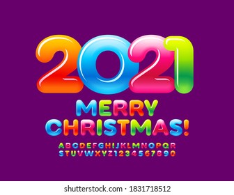 Vector sweet greeting card Merry Christmas 2021! Colorful candy Font. Bright creative Alphabet Letters and Numbers set