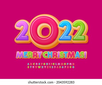 Vector sweet Greeting Card Merry Christmas 2022! Colorful Donut Font. Bright set of Alphabet Letters and Numbers