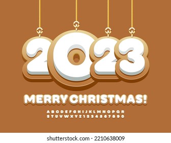 Vector sweet greeting card Merry Christmas 2023. Cookie toys Font. Gingerbread Alphabet Letters and Numbers set