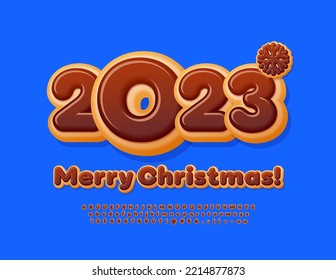 Vector sweet Greeting Card Merry Christmas 2023! Donut style Font. Chocolate cake Alphabet Letters and Numbers set