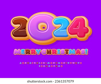 Vector sweet greeting card Merry Christmas 2024! Colorful Donut Font. Delicious set of funny Alphabet Letters and Numbers
