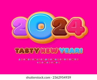 Vector sweet greeting card Tasty New Year 2024! Colorful donut Font. Delicious Alphabet Letters and Numbers set