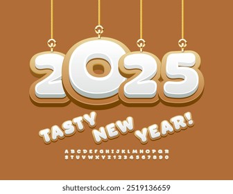 Vector sweet Greeting Card Tasty New Year 2025! Funny Kids Font. Gingerbread style Alphabet Letters and Numbers set