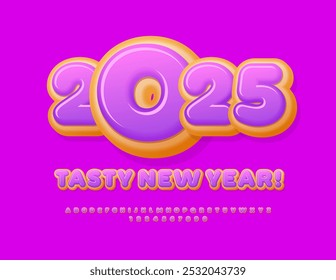 Vector sweet Greeting Card Tasty New Year 2025! Glazed Donut Font. Cake style Alphabet Letters and Numbers