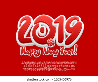 Vector sweet Happy New Year 2019 Greeting Card with set of letters, symbols and numbers. Funny Red and White Font.