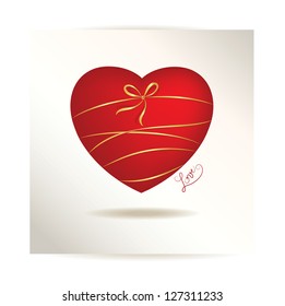 Vector sweet heart. Big red heart with discreet gold ribbon. For wedding or valentine's day.