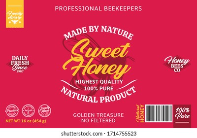 Vector Sweet Honey Highest Quality Label Template And Packaging Design Elements For Apiary And Beekeeping Products, Branding And Identity. Vector Honey Illustration