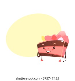Vector sweet humanized biscuit character with arms and legs. Flat cartoon isolated illustration on a white background with speech bubble
