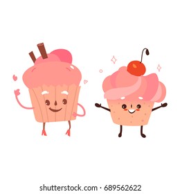 Vector sweet humanized character set. Brownie, cupcake with arms and legs. Flat cartoon isolated illustration on a white background. Funny smiley dessert with cream and cherry on head.