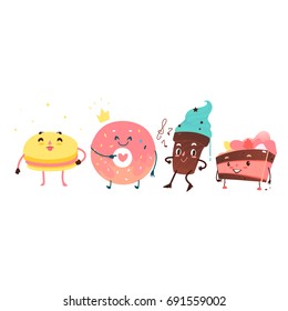 Vector sweet humanized character set. Donut in gold crown, macaroon, chocolate cake and cupcake with arms and legs. Flat cartoon isolated illustration on a white background. Funny smiley dessert