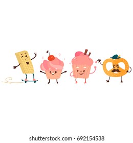 Vector sweet humanized character set. Pretzel with mustache in hat, biscuit ,skating waffle ,with arms and legs in hat. Flat cartoon isolated illustration on a white background. Funny smiley dessert .
