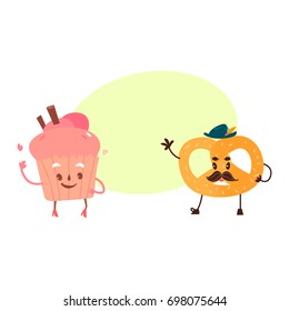 Vector sweet humanized character set. pretzel , cupcake with arms and legs in hat. Flat cartoon isolated illustration on a white background. Funny smiley dessert with mustache. with speech bubble
