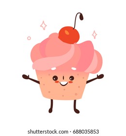 Vector sweet humanized cupcake, brownie character with arms and legs . Flat cartoon isolated illustration on a white background. Funny smiley dessert with cherry at head.