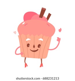Vector sweet humanized cupcake, brownie character with arms and legs. Flat cartoon isolated illustration on a white background. Funny smiley dessert.