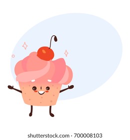 Vector sweet humanized cupcake, brownie character with arms and legs . Flat cartoon isolated illustration on a white background. Funny smiley dessert with cherry at head with speech bubble