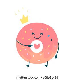 Vector sweet humanized pink donut character with arms and legs. Flat cartoon isolated illustration on a white background. Funny smiley dessert in golden crown