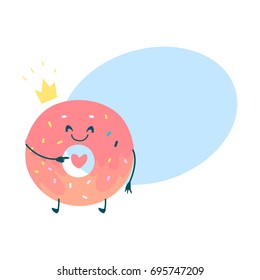 Vector sweet humanized pink donut character with arms and legs. Flat cartoon isolated illustration on a white background with speech bubble