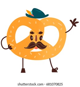Vector sweet humanized pretzel character with arms and legs in hat. Flat cartoon isolated illustration on a white background. Funny smiley bagel dessert with mustache.