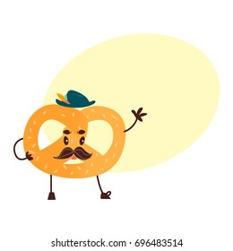 Vector sweet humanized pretzel character with arms and legs in hat. Flat cartoon isolated illustration on a white background. Funny smiley bagel dessert with mustache with speech bubble