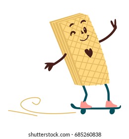 Vector sweet humanized waffle character with arms and legs on skateboard. Flat cartoon isolated illustration on a white background. Funny smiley wafer dessert skating and having fun