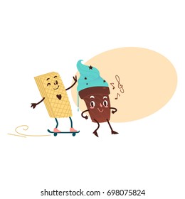 Vector sweet humanized waffle character and chocolate cake with arms and legs on skateboard. Flat cartoon isolated illustration on a white background with speech bubble