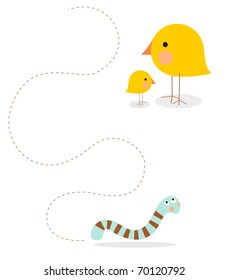 Vector - A sweet illustration of a parent and baby bird eying a worm or caterpillar on a path, communicating the concept of an adult teaching a child an important life lesson.