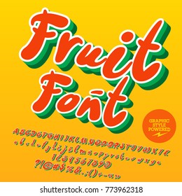 Vector sweet inclined Fruit Font contains Graphic style. Set of bright Alphabet letters, Numbers and Punctuation Symbols