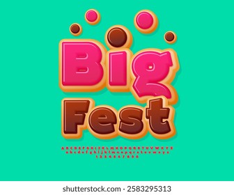 Vector Sweet invitation Big Fest. Choco Cake Font. Delicious Donut Alphabet Letters and Numbers.