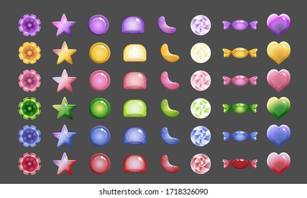 Cañones de gelatina dulce vectorial, diferentes formas. Elementos de caricatura para partidos-3 aislados en fondo oscuro