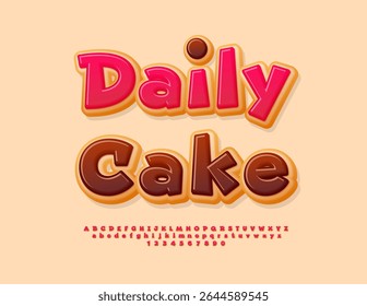 Vector Sweet label Daily Cake for Cafe, Bakery and Store. Tasty Donut Font. Delicious Alphabet Letters and Numbers set.