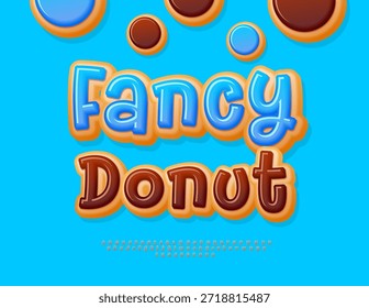 Vector Sweet Label Fancy Donuts. Köstliche Kuchenschrift. Blaue glasierte Alphabet Buchstaben und Zahlen gesetzt.