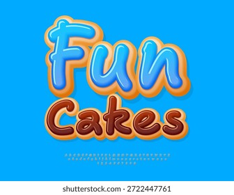 Vector Sweet label Fun Sake. Tasty Blue Glazed Font. Delicious Cake Alphabet Letters and Numbers set