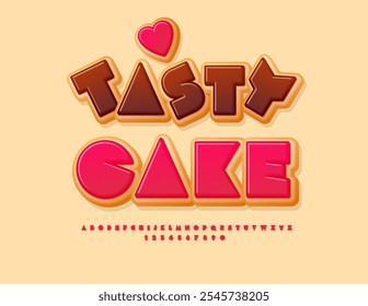 Rótulo doce vetor Bolo Saboroso com Coração decorativo. Deliciosa Fonte de Rosca. Letras e Números de Alfabeto Saborosos definidos. 