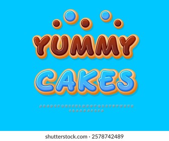 Vector Sweet Label Yummy Cakes. Tasty Donut Font. Blue Glazed Cake Alphabet Letters and Numbers set