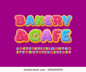Vector sweet logo Bakery and Cafe. Creative colorful Font. Donut Alphabet Letters and Numbers set