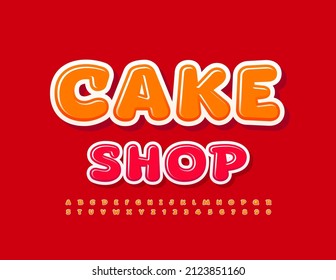 Vektor süßen Loo Cake Shop mit Orange spielerischen Font. Rutschglänzende Alphabet-Buchstaben und -Zahlen-Set