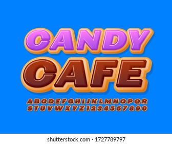 Logotipo vectorial dulce Candy Cafe con tipografía de pasteles.Cartas y números de Donut de chocolate