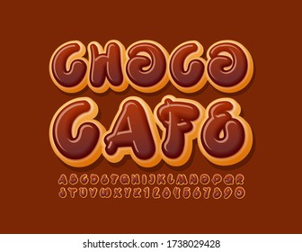 Vector sweet logo Choco Cafe with creative Donut Font. Tasty Cake Alphabet Letters and Numbers