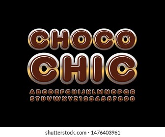 Vector sweet logo Choco Chic. Brown and Gold Uppercase Font. Elite shiny Alphabet Letters and Numbers