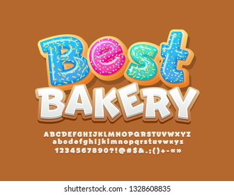 Vector Sweet Logotype Best Bakery With Cookie Font. Gingerbread Icing Alphabet Letters, Numbers And Symbols