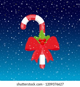 Vector sweet lollipop with red ribbon and holly isolated on night background with snowfall. Card with christmas sugar cane, X-mas candy. Striped object, festive food isolated on white background.