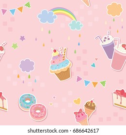 Vector of sweet menu dessert and drink design to seamless pattern on pink background.