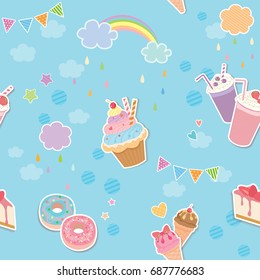 Vector of sweet menu dessert and drink design to seamless pattern on blue background.