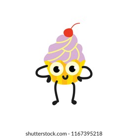 Vector sweet pancake with cream and cherry at head funny humanized character with legs, arms and facial expressions. Delicious dessert smiling for restaurants, cafe kids menu design.
