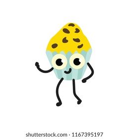Vector sweet pancake funny humanized character with legs, arms and facial expressions. Delicious dessert smiling for restaurants, cafe kids menu design. Isolated illustration