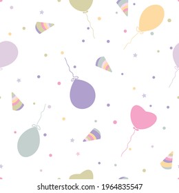 Vector Sweet Pastel Party with Balloons, Confetti and Party Cone seamless pattern background. Perfect for fabric, scrapbooking and wallpaper projects.