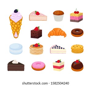 Vector sweet pastry set, collection of tasty cheesecake, croissant, pie, donut and others. Confectionery with berries, chocolate. Muffin, brownie and cookies.