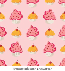 Vector Sweet Pink Orange Cupcakes Hand drawn seamless pattern