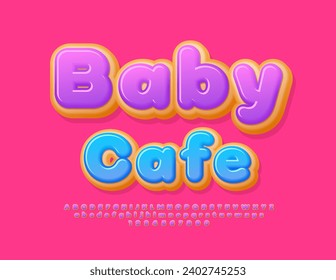 Vector Sweet Poster Baby Cafe. Cake style Font. Tasty Donut Alphabet Letters and Numbers.